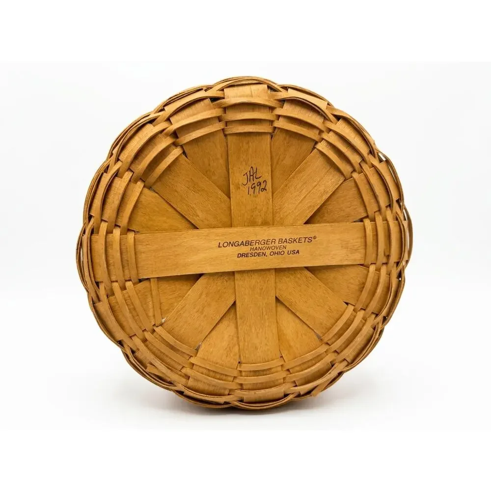 Vintage 1992 Longaberger Large Round Basket with Holly Leaf Berries Fabric Liner